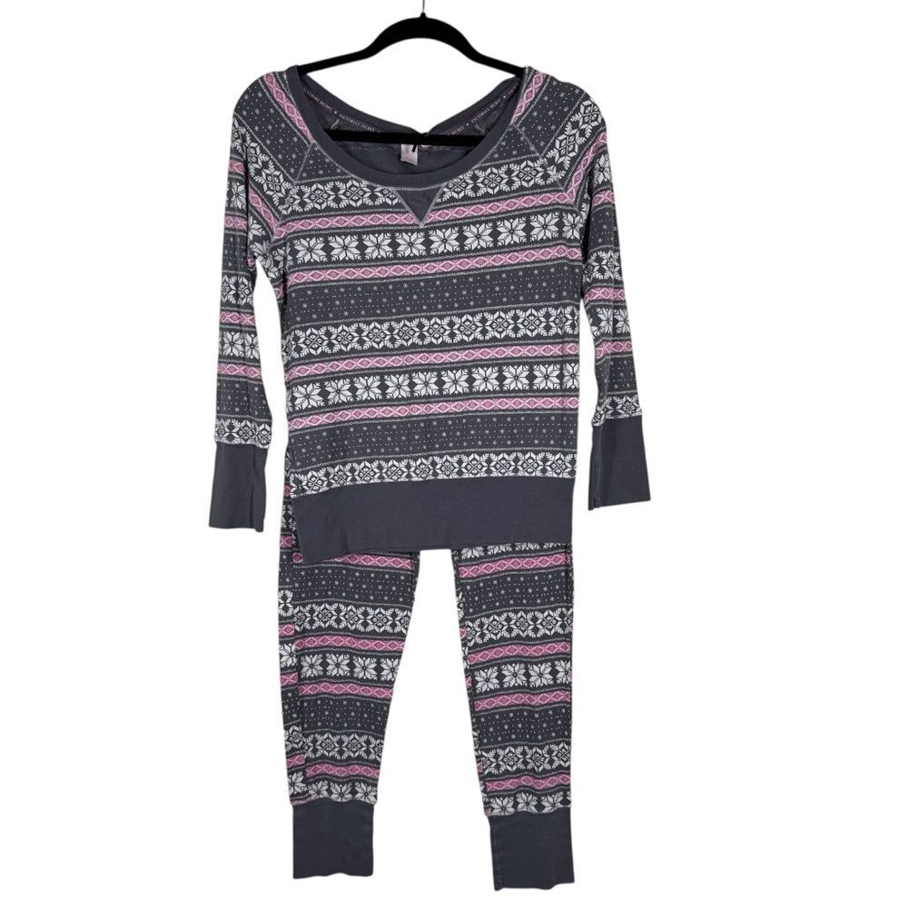 Victoria’s Secret Thermal Knit Pajama Set Pink Gray Winter Print Holiday Small